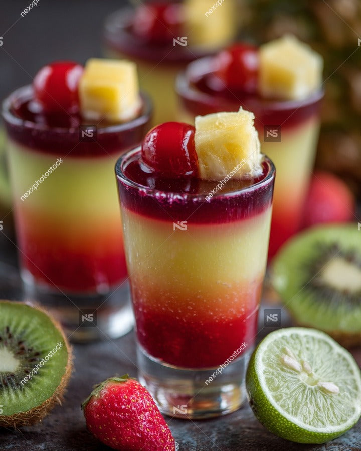 Layered Cocktails With Fruit Garnish Three In Total Presented On A Dark Surface — Stock Photo
