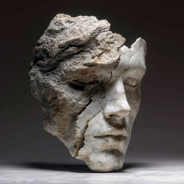 Marble Head Sculpture With Cracked Surface Showcasing A Human Like Face And Neck Set Against A Dark Background — Stock Photo