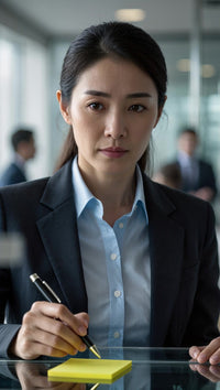 asian businesswoman sitting at desk writing on yellow notepad with pen - Stock Video