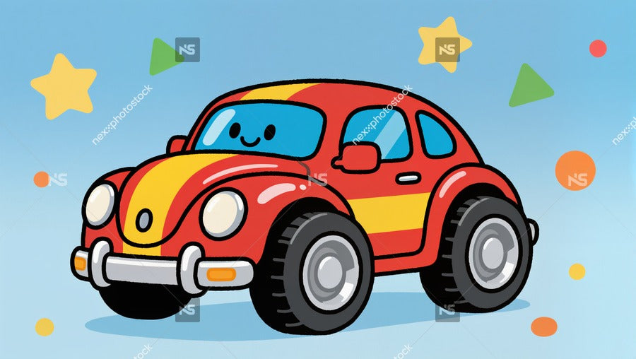 Colorful Cartoon Of A Red And Yellow Volkswagen Beetle Car On A Blue Background With Stars — Stock Illustration
