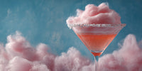 A Martini Glass Filled With Pink Liquid Floating In A Sky Of Fluffy Clouds Against A Blue Background — Stock Photo