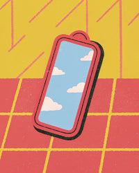 Colorful Cartoon Illustration Of A Phone On A Table With A Blue Sky Background And A Checkered Floor — Stock Illustration