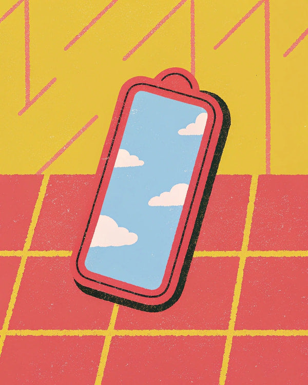 Colorful Cartoon Illustration Of A Phone On A Table With A Blue Sky Background And A Checkered Floor — Stock Illustration