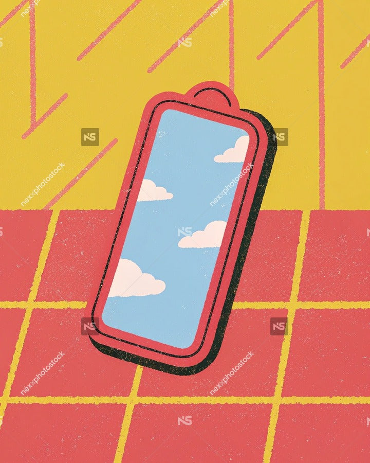 Colorful Cartoon Illustration Of A Phone On A Table With A Blue Sky Background And A Checkered Floor — Stock Illustration