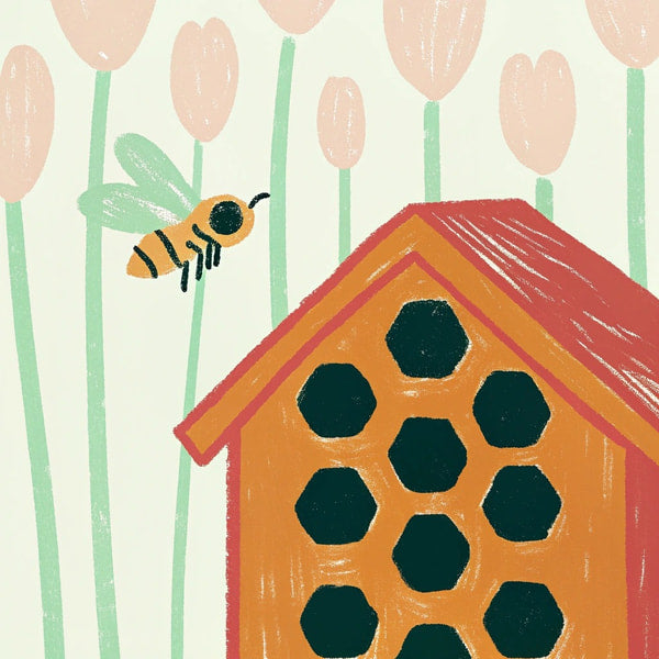Illustration Of A Bee Hovering Near A Red And Orange Honeycomb Patterned House With Flowers In The Background — Stock Illustration