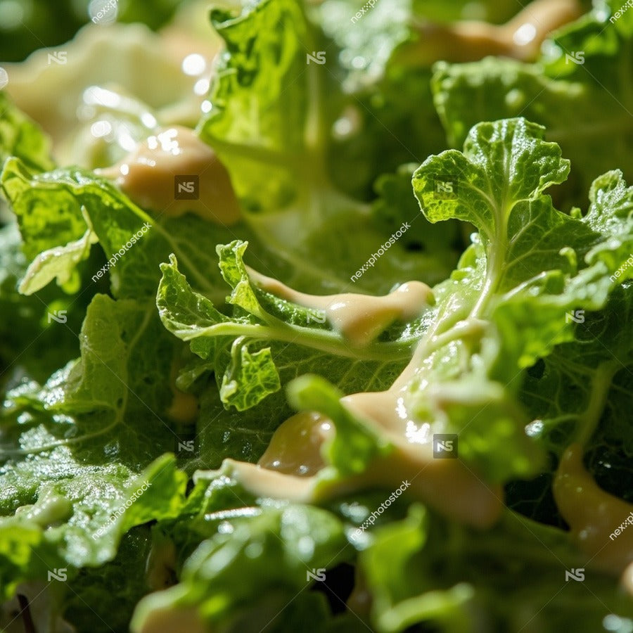 A Close Up Image Of A Spinach Salad With Dressing Showcasing The Vibrant Green Leaves And Creamy Dressing Drizzled On Top — Stock Photo