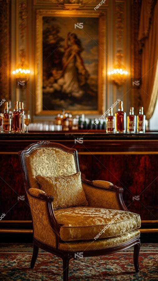 Bar Setting An Antique Chair In A Luxurious Room With A Chandelier And A Painting On The Wall In The Background — Stock Photo