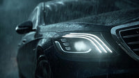Car Chase Scene Set In A Rainy Night With A Car Driving Down A Street Under Heavy Rainfall — Stock Photo