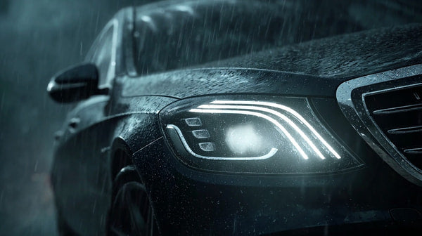 Car Chase Scene Set In A Rainy Night With A Car Driving Down A Street Under Heavy Rainfall — Stock Photo