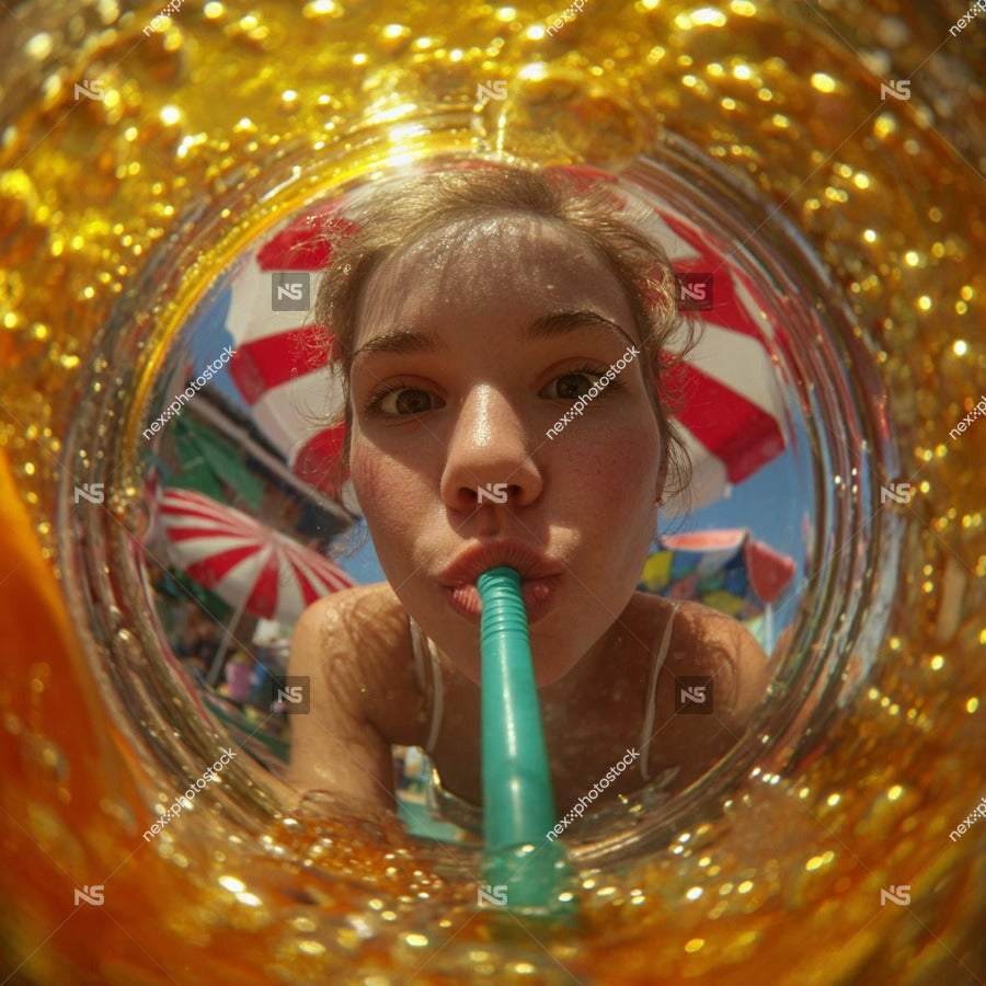 A Woman Drinking Through A Straw From A Large Glass Jar Filled With A Yellowish Liquid — Stock Photo
