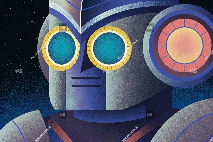 Robot Portrait With Blue Eyes A Robot With Prominent Blue Eyes And A Humanoid Form Set Against A Dark Background — Stock Illustration