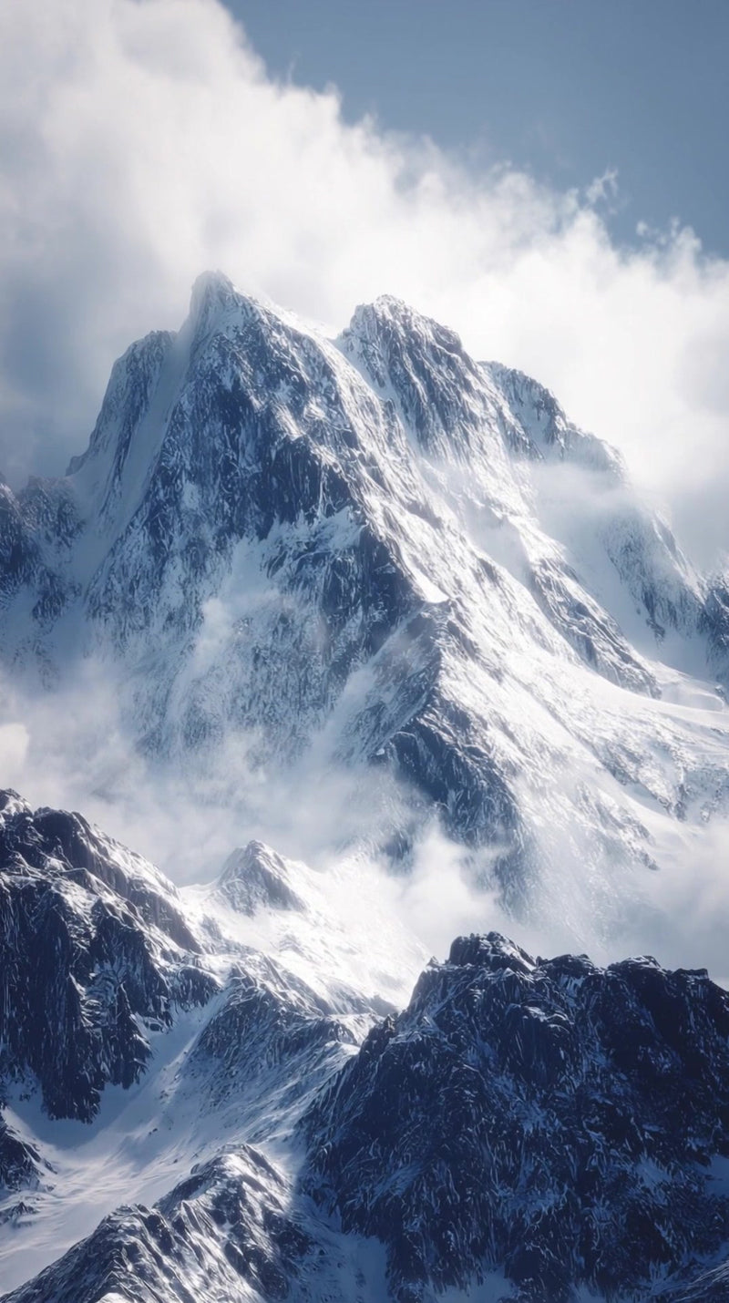 majestic snow capped mountain peak in a clear blue sky - Stock Video