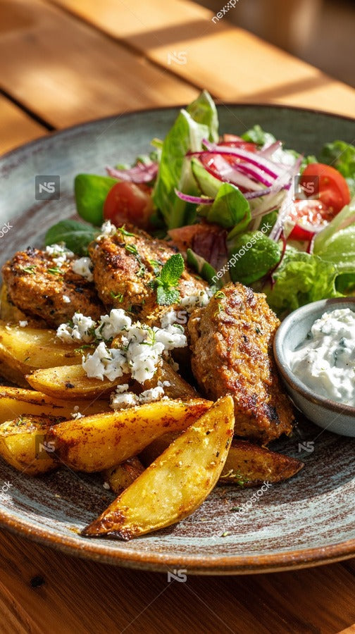 Wooden Plate Of Grilled Chicken Fries And Salad On A Wooden Table — Stock Photo