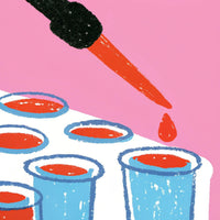 Two Images Of A Red Substance Being Dripped Onto Blue Cups On A Pink Background — Stock Illustration