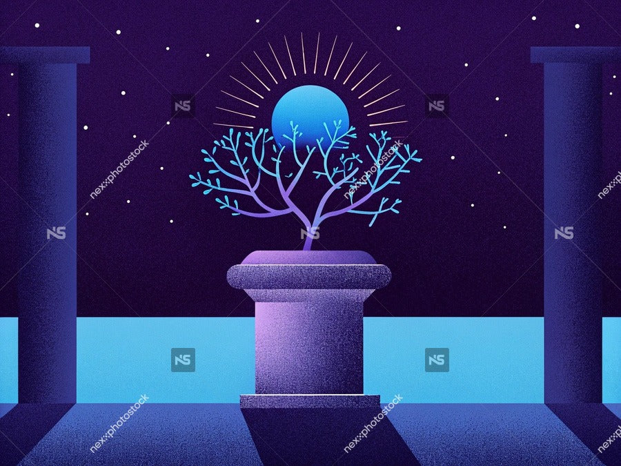 Illustration Of A Mystical Tree With Roots In A Vase Set Against A Night Sky Backdrop — Stock Illustration