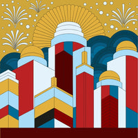 Stylized Illustration Of A City Skyline With Fireworks Tall Buildings And A Vibrant Night Sky Set Against A Backdrop Of A Sunset — Stock Vector