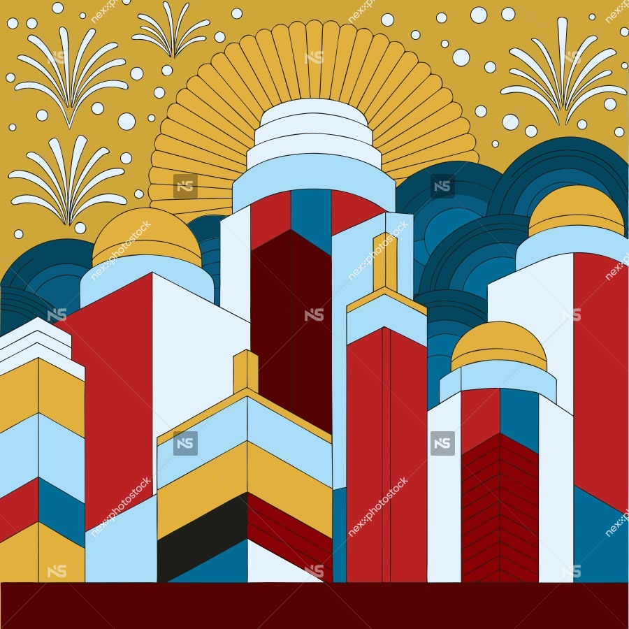 Stylized Illustration Of A City Skyline With Fireworks Tall Buildings And A Vibrant Night Sky Set Against A Backdrop Of A Sunset — Stock Vector