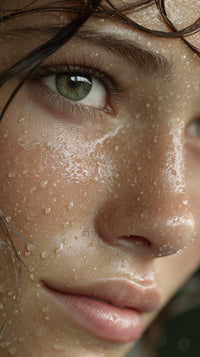 A Close Up Portrait Of A Woman With Droplets Of Water On Her Face Captured In A Top Down Perspective Against A Soft Lit Background — Stock Photo