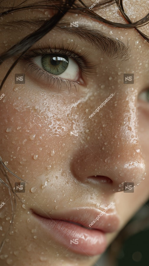 A Close Up Portrait Of A Woman With Droplets Of Water On Her Face Captured In A Top Down Perspective Against A Soft Lit Background — Stock Photo