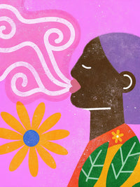 A Whimsical Illustration A Stylized Human Figure With A Expression Blowing Smoke From A Pipe Into The Air — Stock Illustration