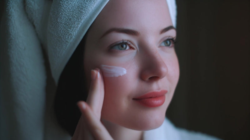 a woman in a white robe is captured in close up meticulously applying skincare product to her face with a brush - Stock Video