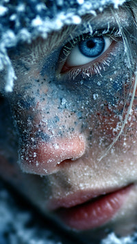 A Close Up Portrait Of A Person Wearing A Face Mask With Snowflakes Set Against A Snowy Background — Stock Photo