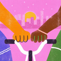 A Couple Riding Bicycles Together In A Cityscape With A Vibrant Sunset In The Background And Colorful Buildings Visible — Stock Illustration