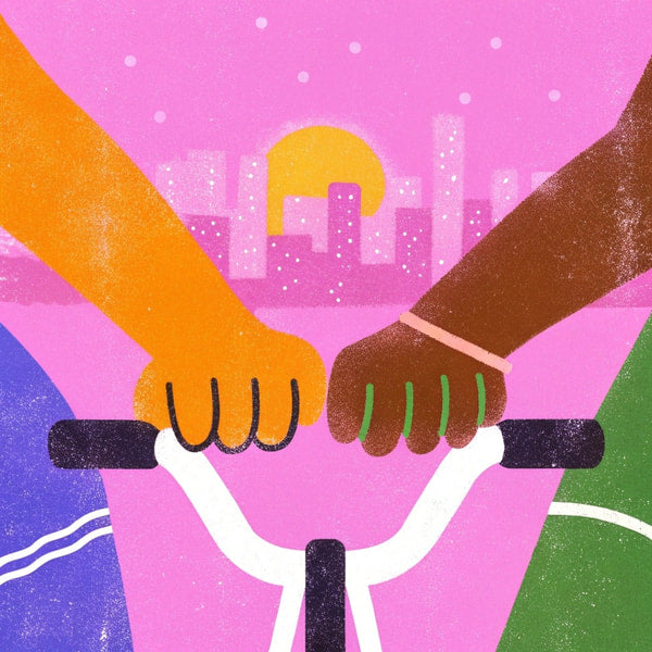 A Couple Riding Bicycles Together In A Cityscape With A Vibrant Sunset In The Background And Colorful Buildings Visible — Stock Illustration