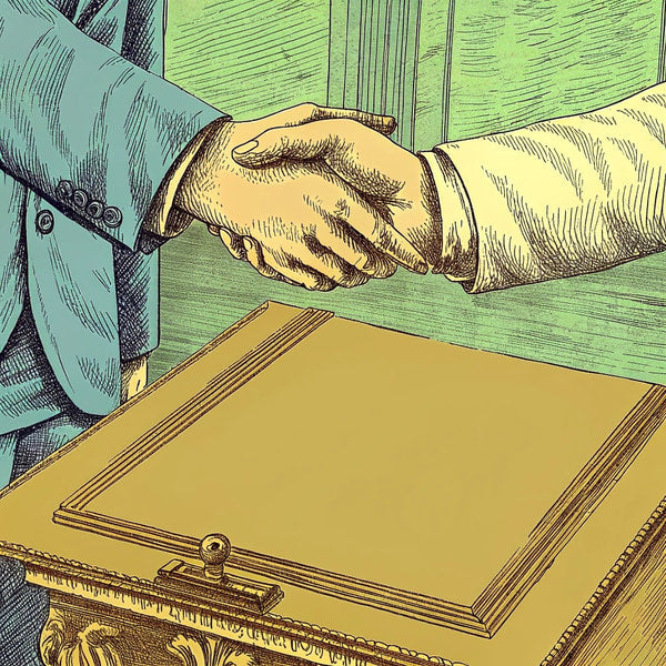 Two Men In Suits Shaking Hands Over A Wooden Desk With An Open Book On It — Stock Illustration