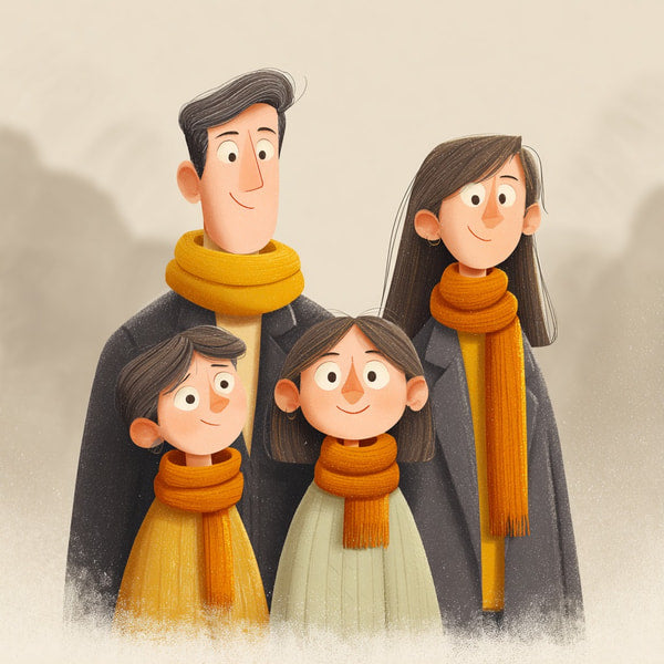 A Family Of Four Poses For A Portrait Each Wearing Scarves In Shades Of Yellow And Orange — Stock Illustration