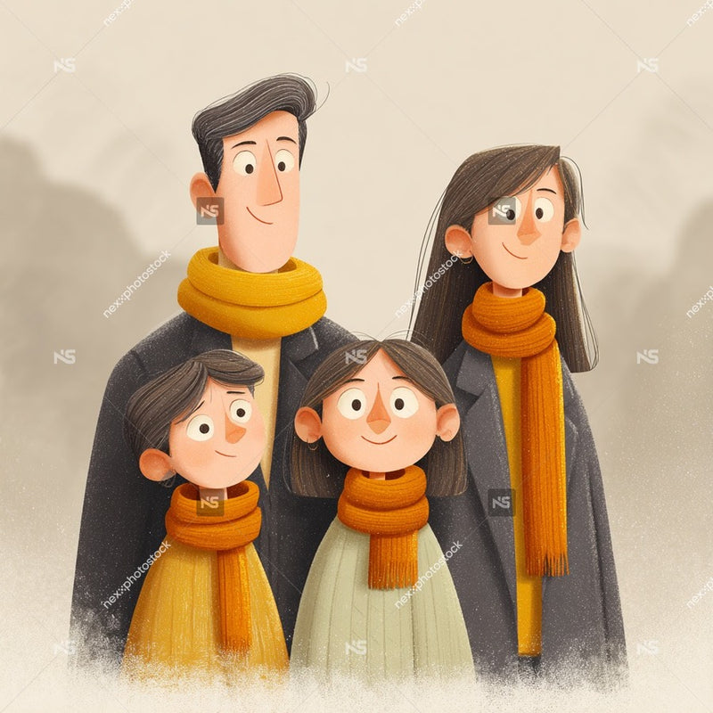 A Family Of Four Poses For A Portrait Each Wearing Scarves In Shades Of Yellow And Orange — Stock Illustration