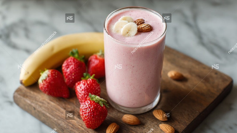 A Glass Of Strawberry Banana Smoothie Garnished With Nuts Placed On A Wooden Surface Next To Fresh Strawberries And Bananas — Stock Photo