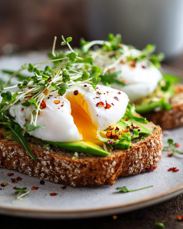 Photograph Of Two Slices Of Avocado Toast Topped With Fried Eggs Garnished With Microgreens And Red Pepper Flakes — Stock Photo