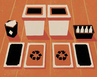 Recycling Station Set With Four Bins Two Black Trash Cans And A White Recycling Bin On An Orange Surface — Stock Illustration