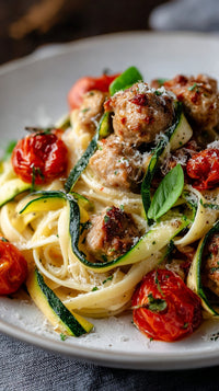 A Plate Of Zucchini Pasta Topped With Meatballs And Garnished With Herbs Served On A White Plate — Stock Photo