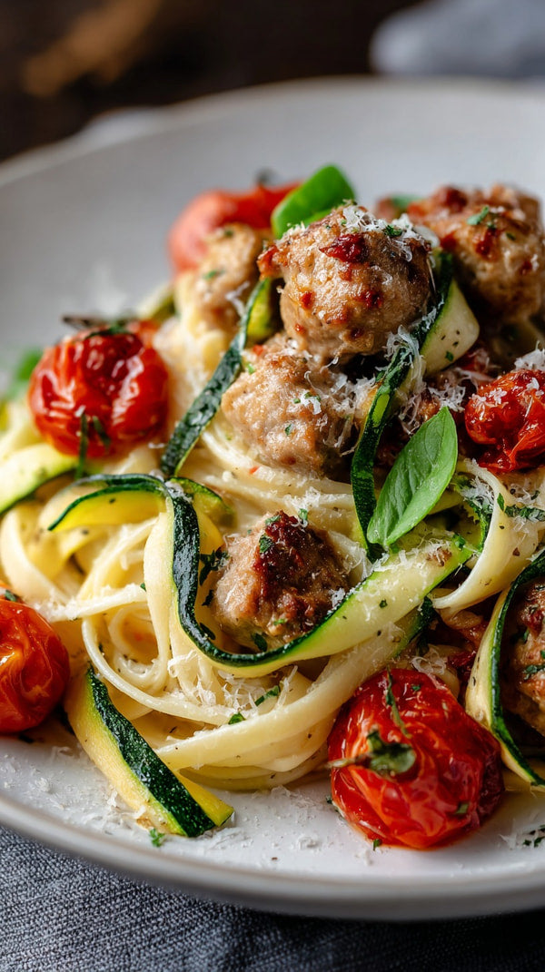 A Plate Of Zucchini Pasta Topped With Meatballs And Garnished With Herbs Served On A White Plate — Stock Photo