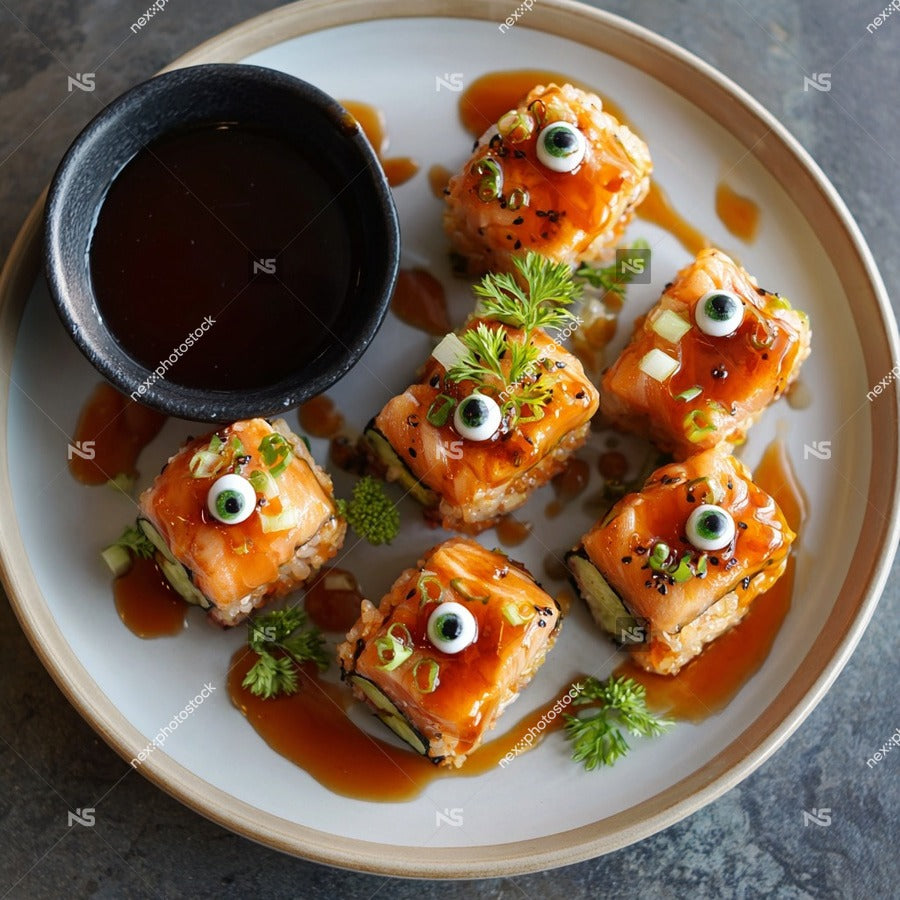 Sushi Rolls Creatively Decorated To Resemble Faces Served On A Plate Alongside A Small Bowl Of Dipping Sauce — Stock Photo