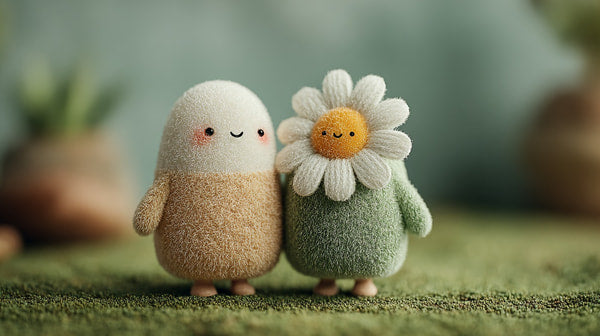Two Cartoon Characters One Resembling A Humanoid Figure And The Other A Plant Like Creature Stand Side By Side In A Garden Setting — Stock Photo