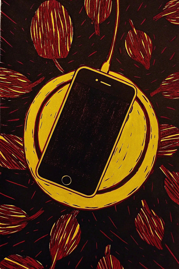 A Mobile Phone In A Stylized Illustration Floating Above A Smartphone With A Yellow Halo Around It — Stock Illustration
