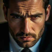 A Man With A Beard And Mustache Dressed In A Suit Looking Directly Into The Camera With A Serious Expression — Stock Photo