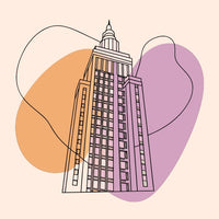 Skyscraper Illustration With A Colorful Gradient Background And A Heart Shape In The Center — Stock Vector
