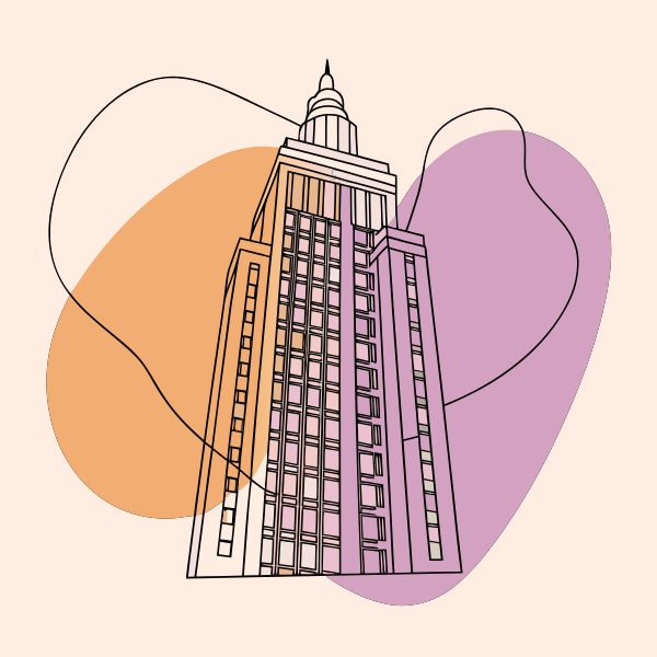 Skyscraper Illustration With A Colorful Gradient Background And A Heart Shape In The Center — Stock Vector
