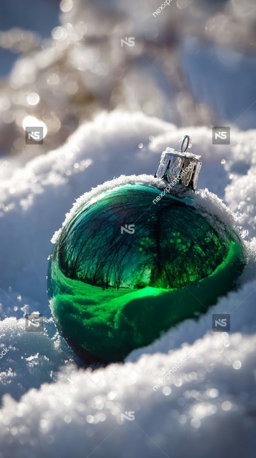 A Green And Clear Glass Ornament With A Silver Top Partially Covered In Snow Placed On A Snowy Surface — Stock Photo