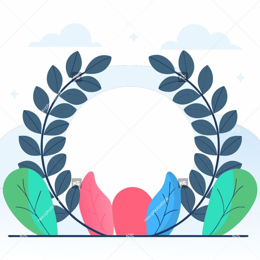 A Digital Illustration Of A Laurel Wreath With Leaves And Flowers Set Against A White Background With A Blue Circular Frame Around — Stock Vector