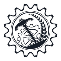 Black And White Emblem A Gear A Hammer And A Wheat Sheaf Encircled By A Laurel Wreath Set Against A White Background — Stock Vector