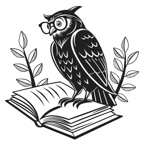 Black Owl Perched On An Open Book Wearing Glasses And Holding A Scroll In Its Talons — Stock Vector