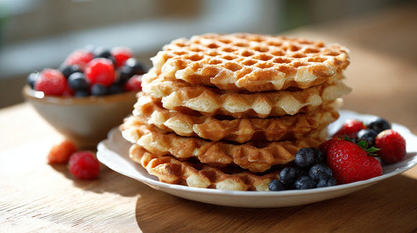 A Stack Of Golden Brown Waffles Topped With Blueberries Presented On A White Plate — Stock Photo