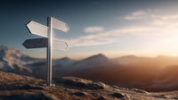 Depicts A Futuristic Scene With A Signpost Pointing Towards A Mountainous Horizon Under A Clear Sky Suggesting Exploration And Discovery — Stock Photo