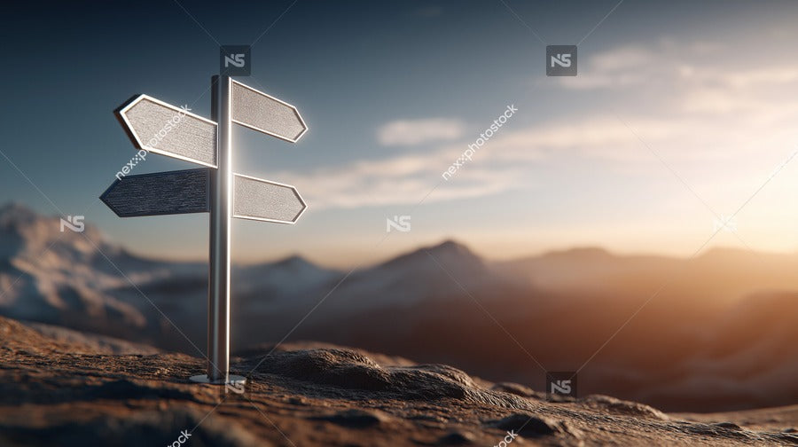 Depicts A Futuristic Scene With A Signpost Pointing Towards A Mountainous Horizon Under A Clear Sky Suggesting Exploration And Discovery — Stock Photo