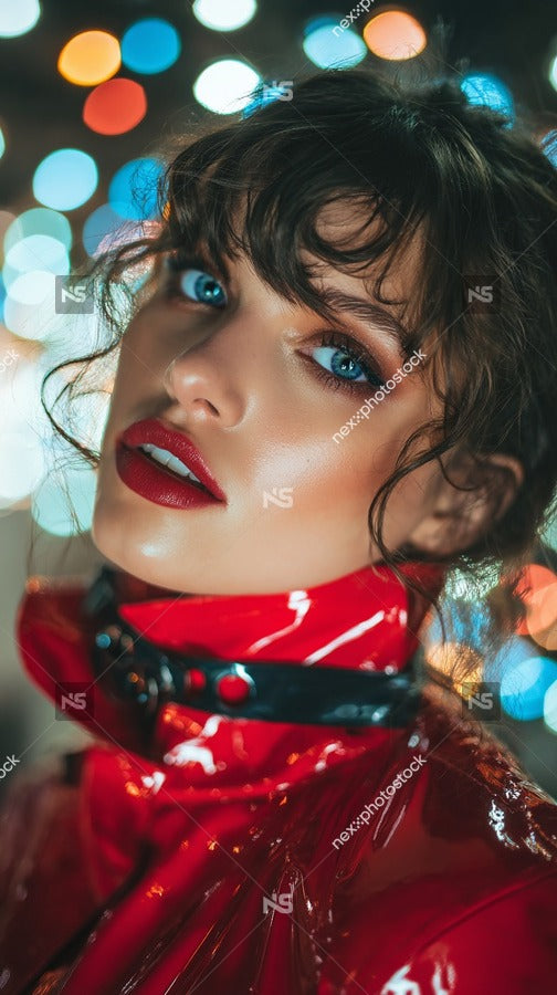 A Woman Wearing Red Lipstick And A Red Outfit With A High Collar Captured In A Close Up Portrait Style Photo — Stock Photo